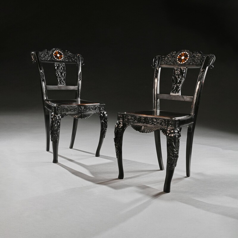 Pair of Ceylonese 19th Century Carved Ebony Side Chairs with Specimen Inlay Galle District 