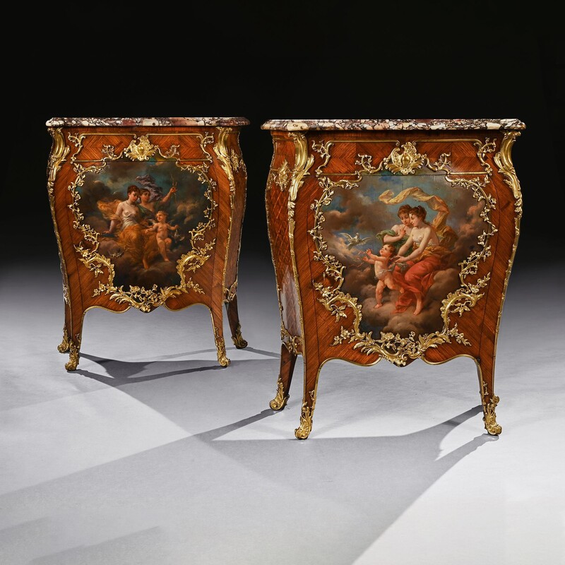 Pair of Gilt Bronze Mounted 19th Century French Kingwood and Vernis Martin Petit Commodes,